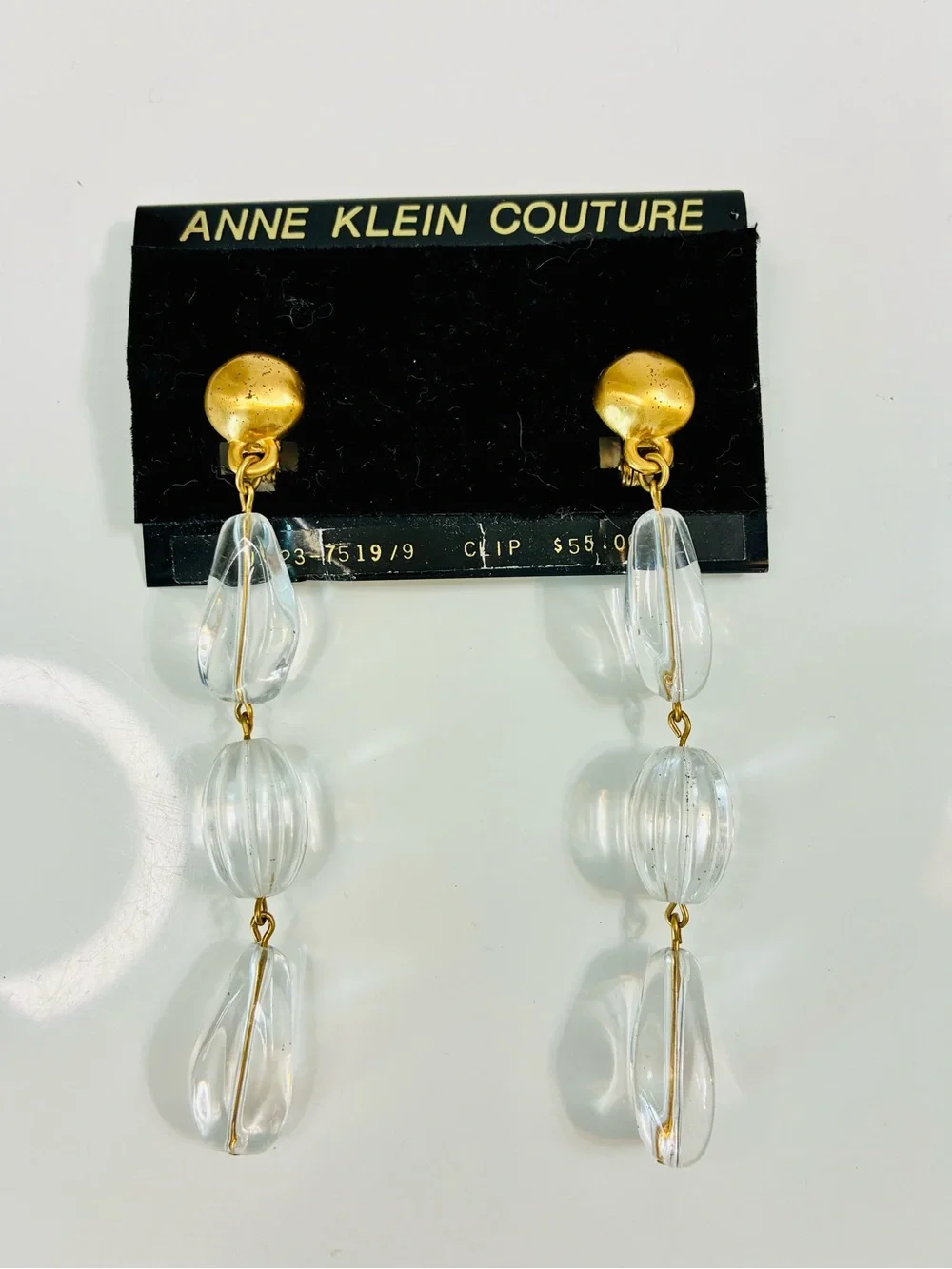 VTG Anna Klein Couture 90s Gold and Clear Lucite Bead Drop Clip-On Earrings